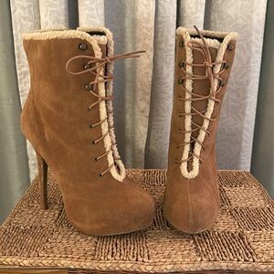Platform stilettos high heel winter suede wool trim look ankle boots size 10